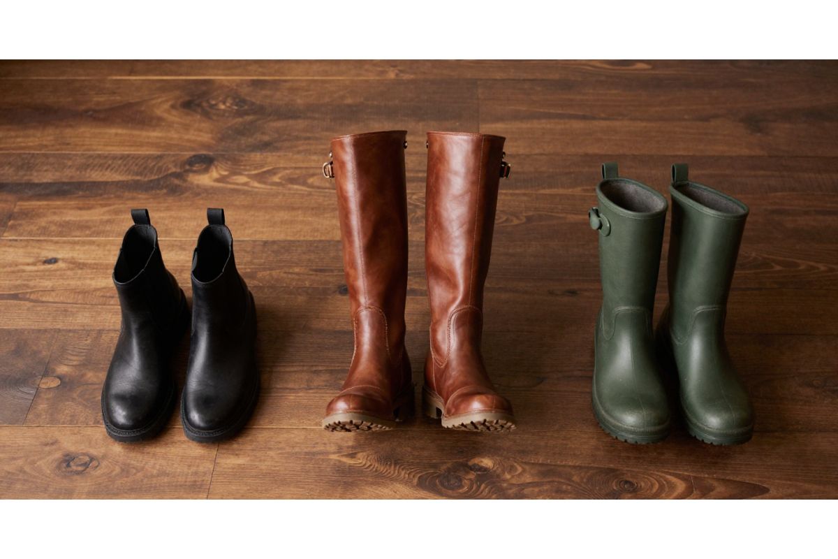 Botas femininas de inverno organizadas — cano curto preto, cano longo marrom e bota de chuva