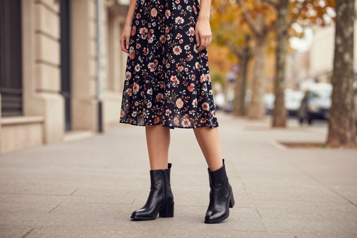 Coturno feminino preto combinado com vestido floral midi