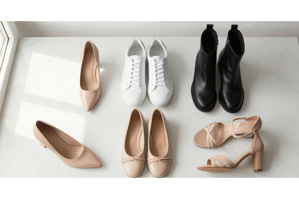 Coleção de sapatos femininos organizados — scarpin, rasteirinha, bota e sapatilha