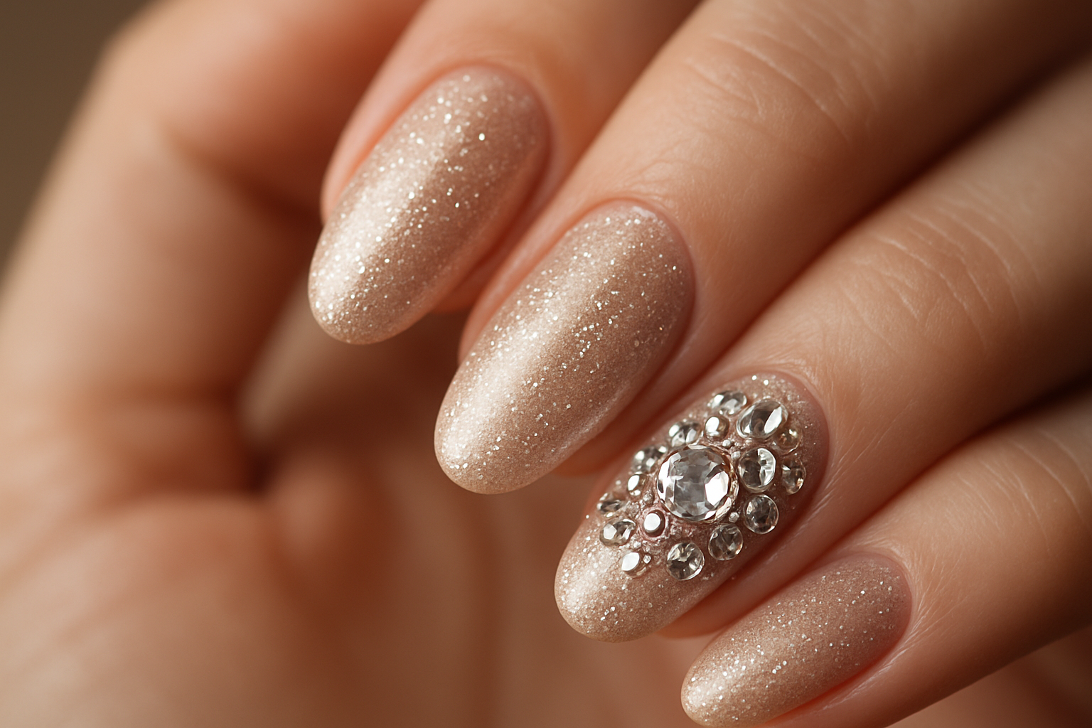 Unhas Mãos femininas com unhas elegantes decoradas para evento especial com glitter e strass