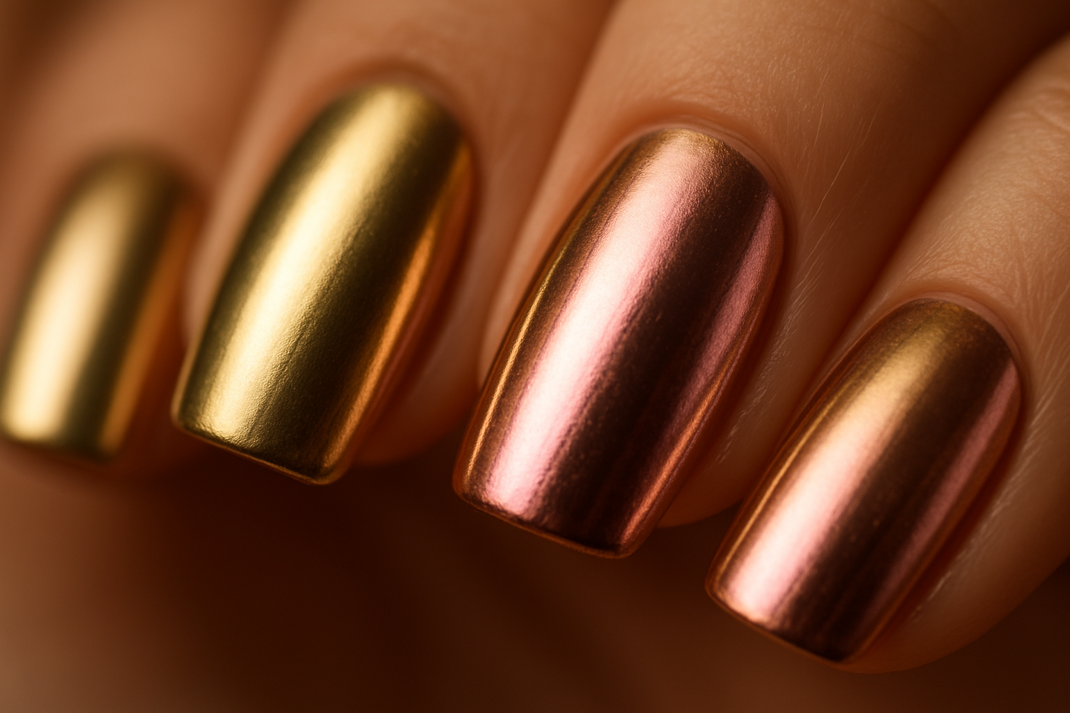 Unhas Unhas com acabamento metálico chrome em tons de ouro e rosa gold para evento elegante