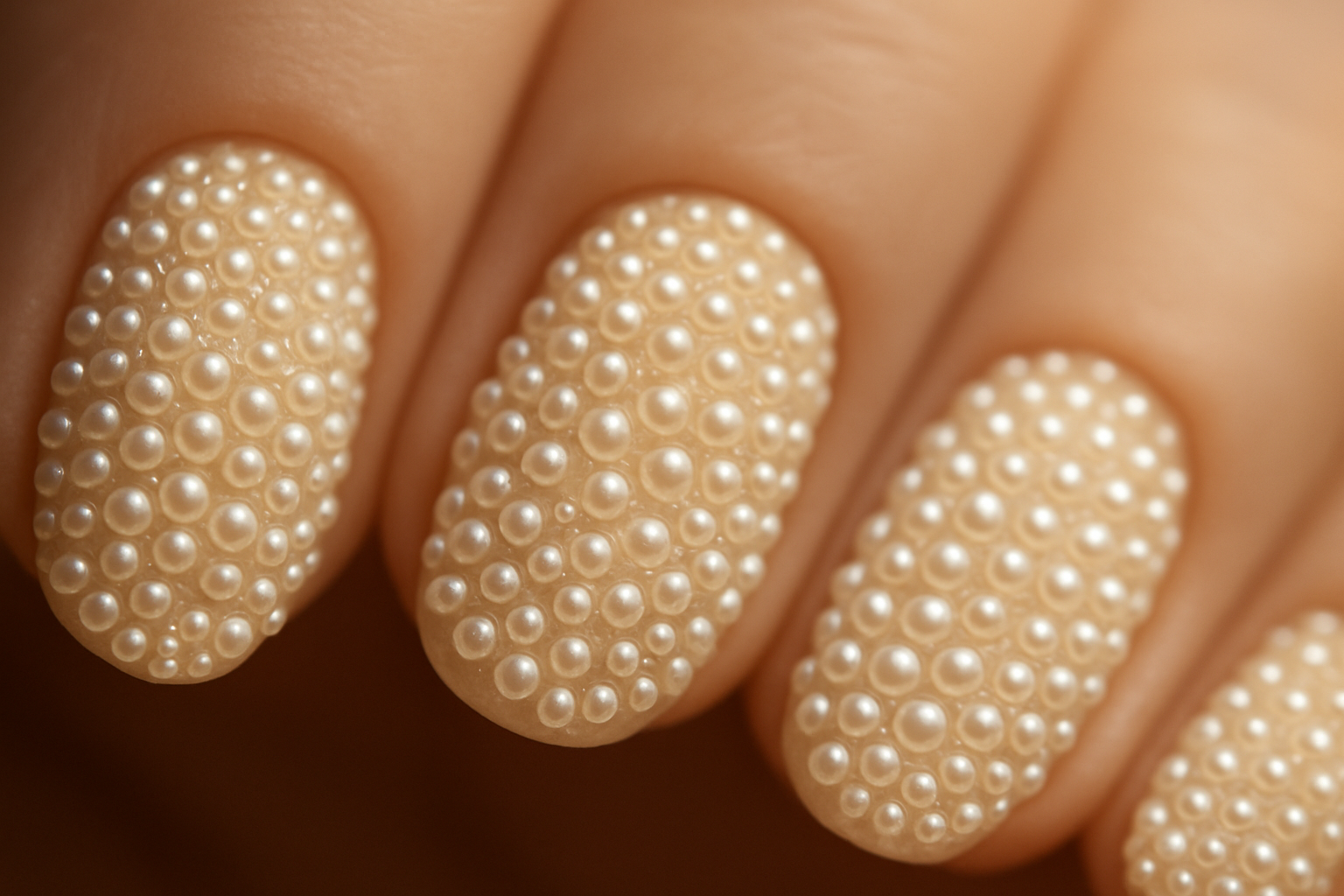 Unhas Unhas decoradas com mini pérolas sobre base nude fosca para casamento