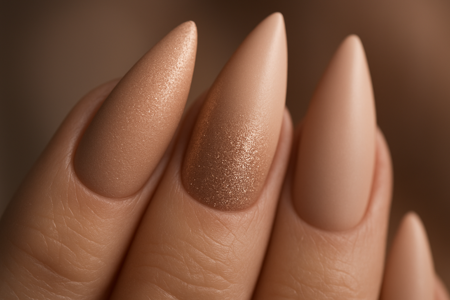 Unhas Unhas stiletto em tons de nude e rose gold com acabamento sofisticado