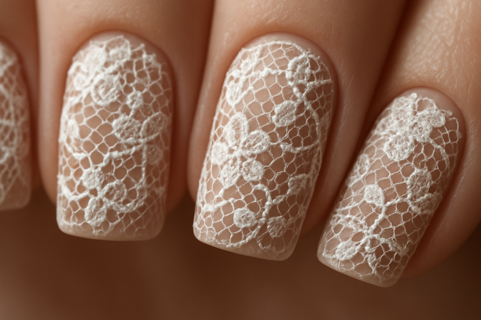 Unhas Unhas com detalhes em renda branca sobre base nude para casamento