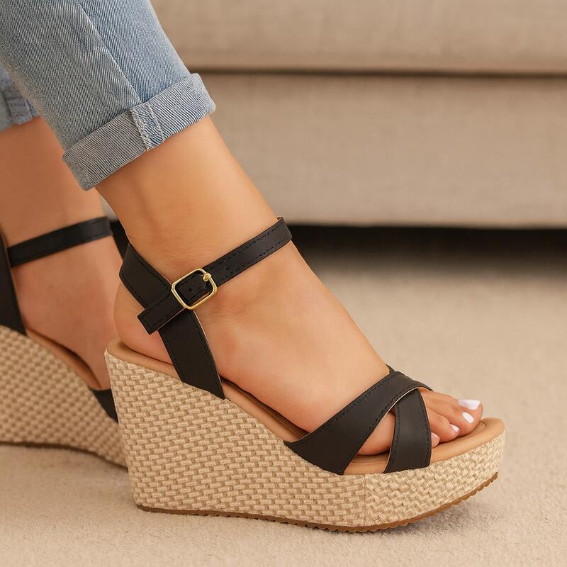 Mulher usando anabela casual com look de dia