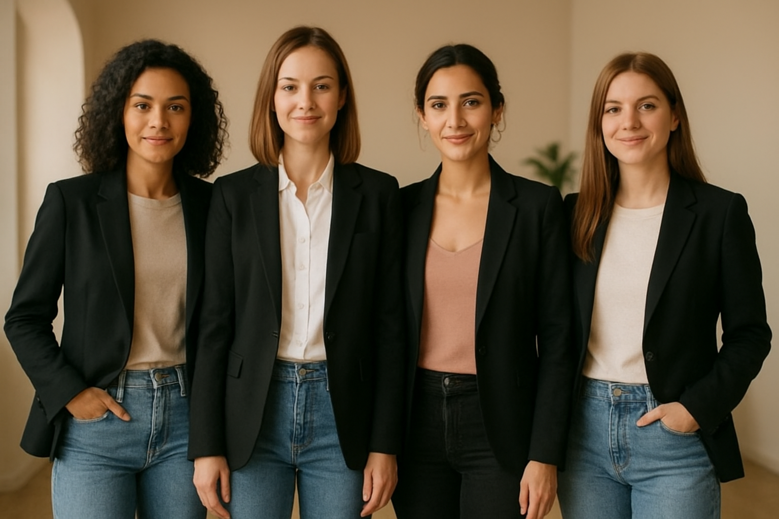 Quatro mulheres usando blazer preto com calça jeans em versões casual, escritório, jantar e fim de semana