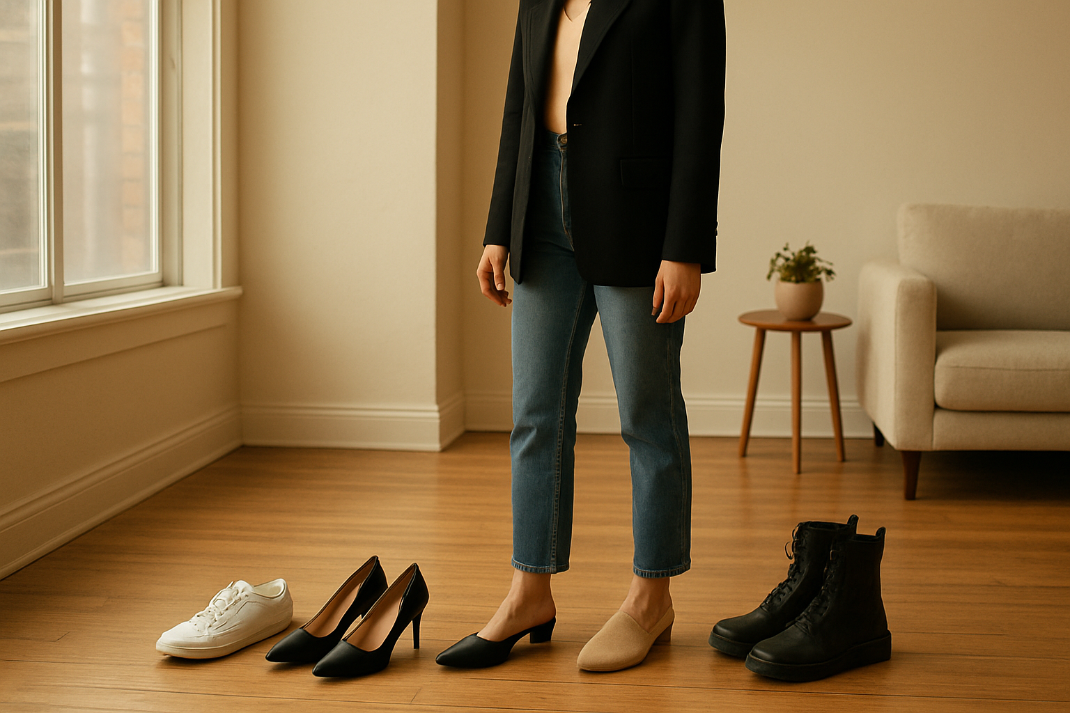 Close nos pés com quatro opções de calçados combinando com blazer preto e calça jeans