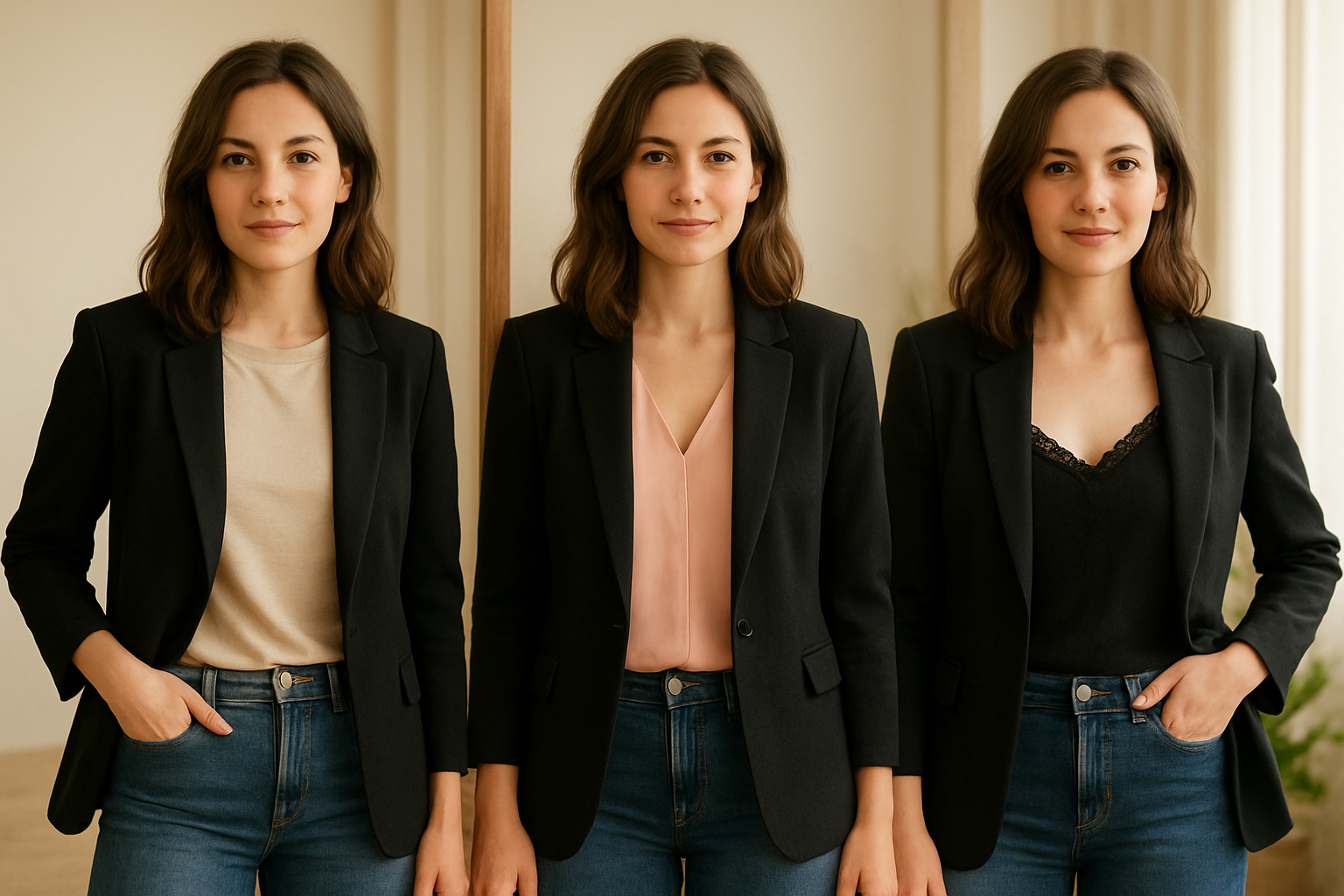 Mulher mostrando três variações de look com o mesmo blazer preto