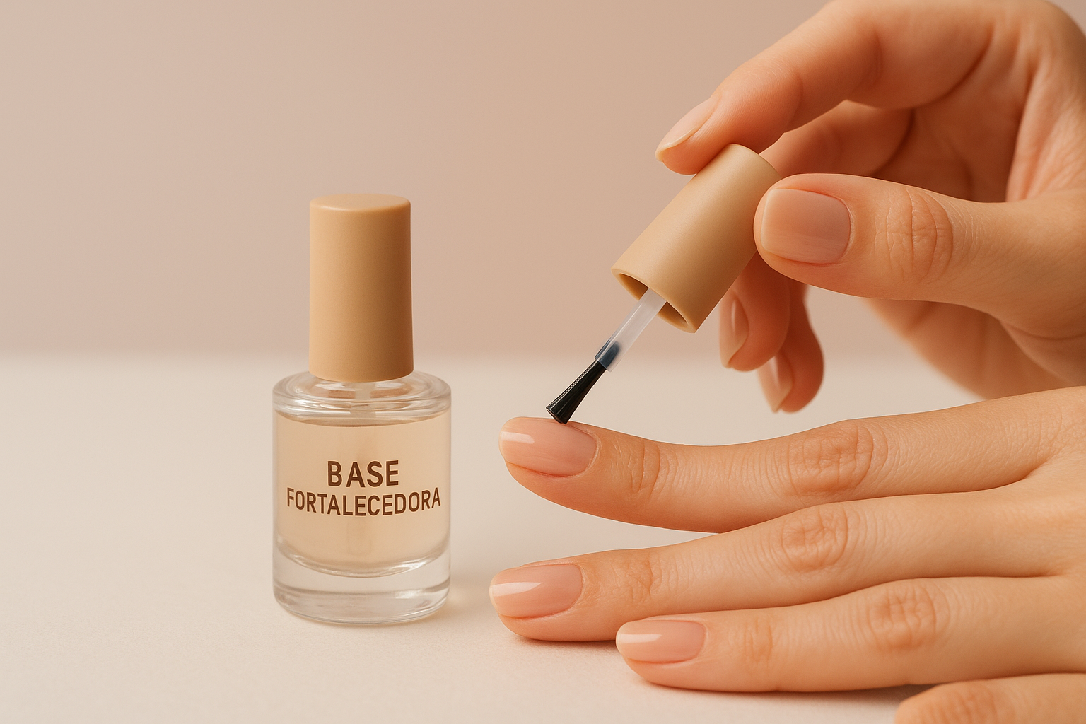 Mãos femininas com unhas pintadas de esmalte nude vegano aplicando base fortalecedora