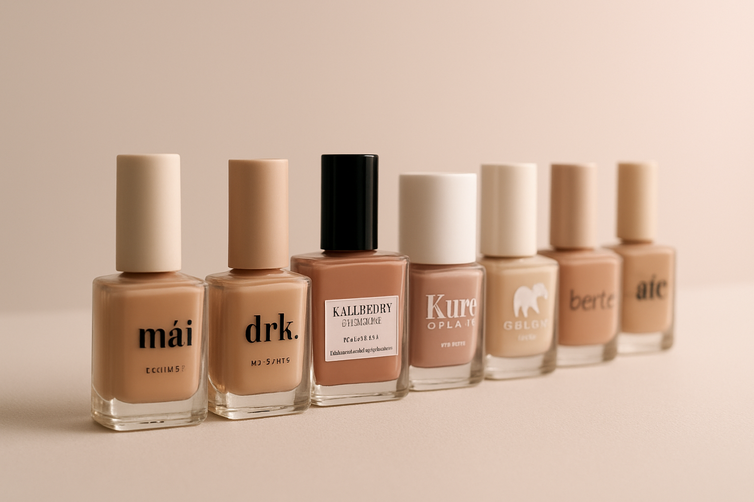 Esmaltes e cores da moda Coleção de esmaltes naturais e veganos de diversas marcas, enfileirados sobre fundo branco limpo, lu