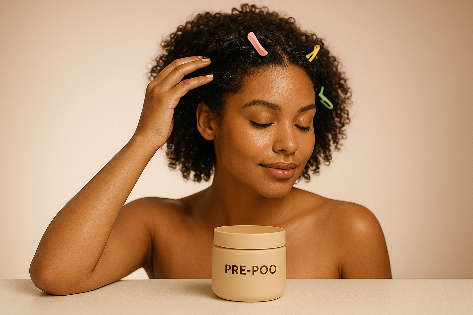 Cuidados com o cabelo Mulher aplicando pré-poo em cachos divididos em seções com presilhas coloridas