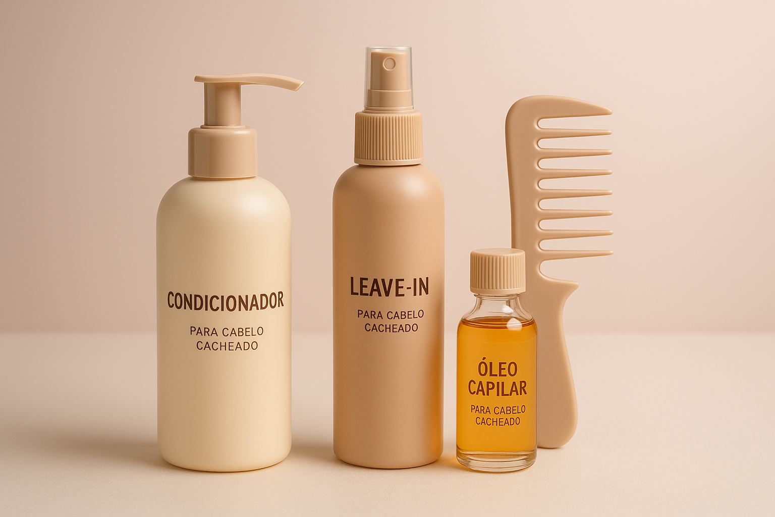 Cuidados com o cabelo Produtos para desembaraçar cabelo cacheado organizados: condicionador, leave-in, óleo capilar e pente d