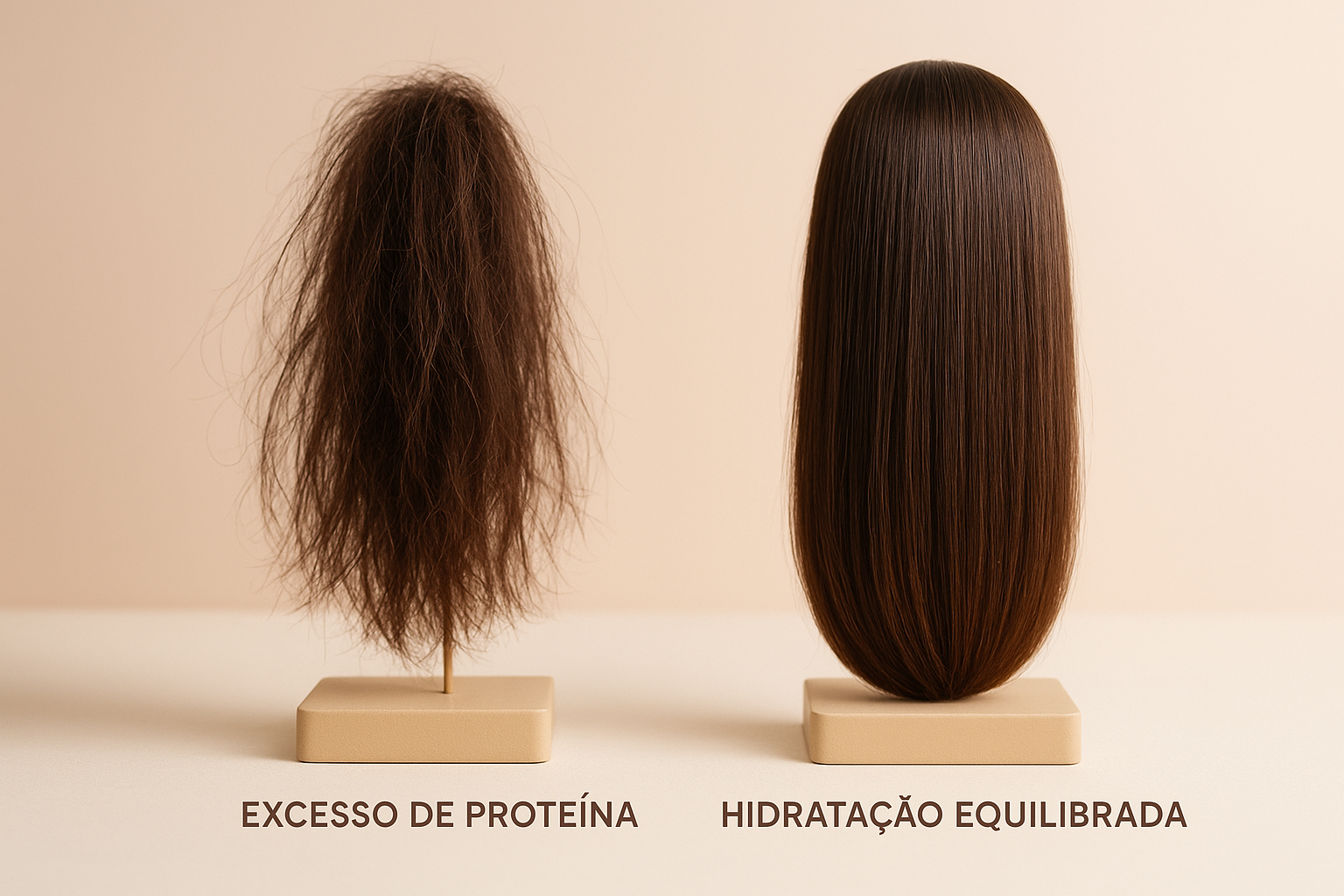 Cuidados com o cabelo Comparação de cabelo com excesso de proteína versus hidratação equilibrada