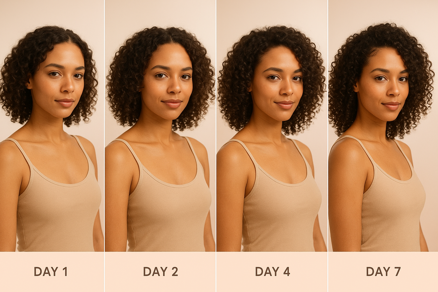 Cuidados com o cabelo Mulher com cachos definidos em várias posições mostrando evolução ao longo da semana