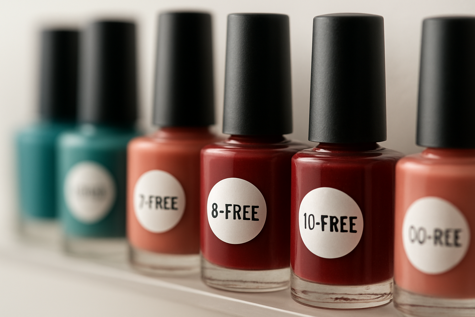 Prateleira com vidros de esmalte coloridos, rótulos indicando 7-free e 10-free