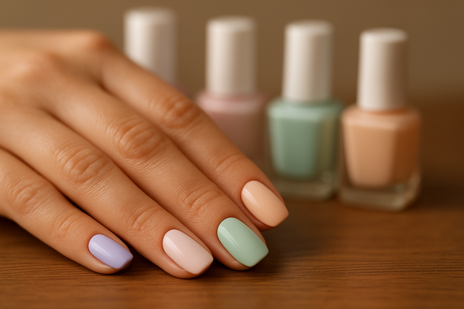 Mãos sobre mesa de madeira com vidros de esmalte organizados e unhas coloridas