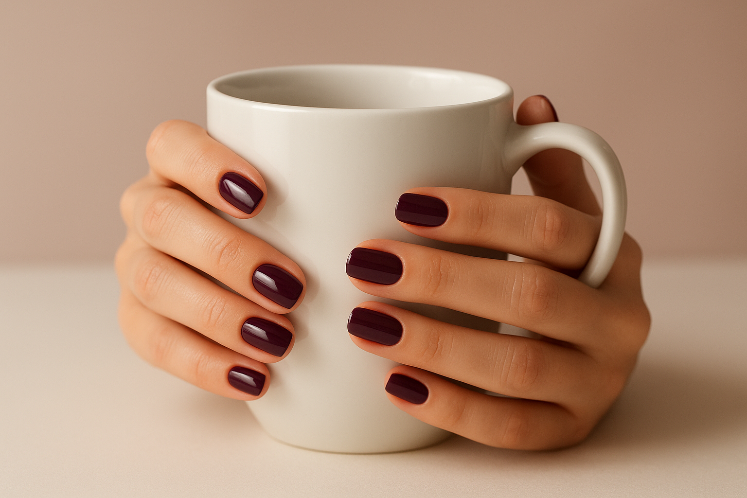 Mãos femininas com esmalte roxo escuro ameixa