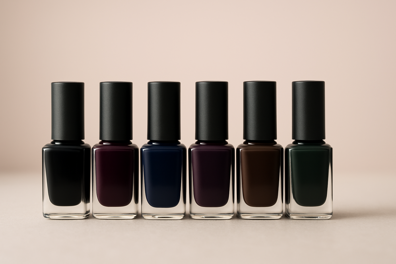 Coleção de esmaltes escuros enfileirados