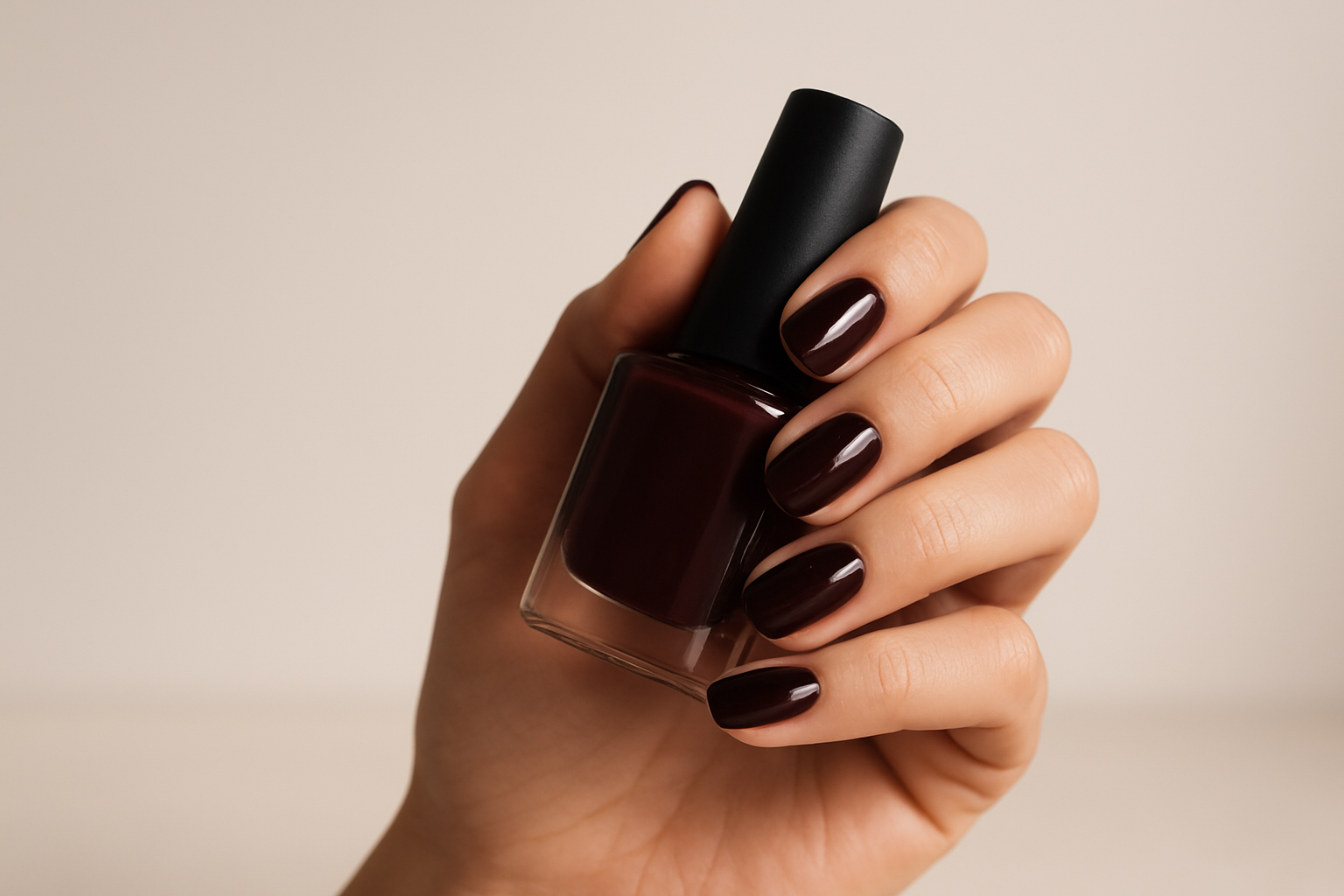 Esmaltes e cores da moda Mãos femininas com unhas pintadas de esmalte vinho escuro, fundo neutro claro, luz natural suave, el