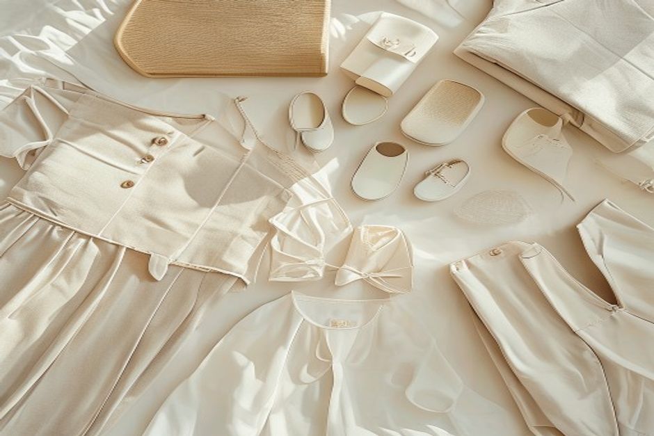 Flat lay de roupas femininas neutras organizadas em cama branca com sapatos e acessorios