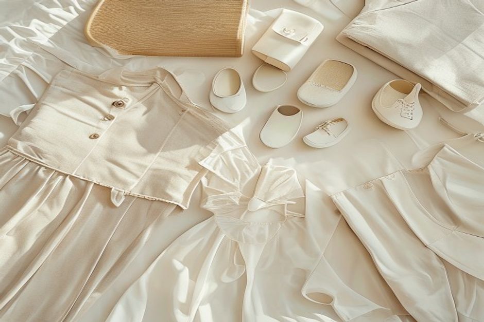 Flat lay de roupas femininas neutras organizadas em cama branca com sapatos e acessorios