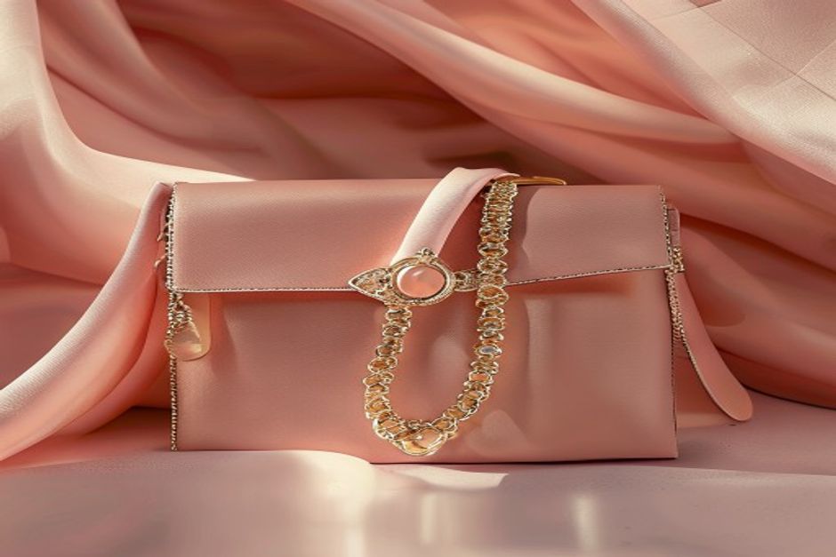 Colecao de acessorios femininos elegantes bolsa de couro brincos dourados e lenco de seda sobre marmore rosa