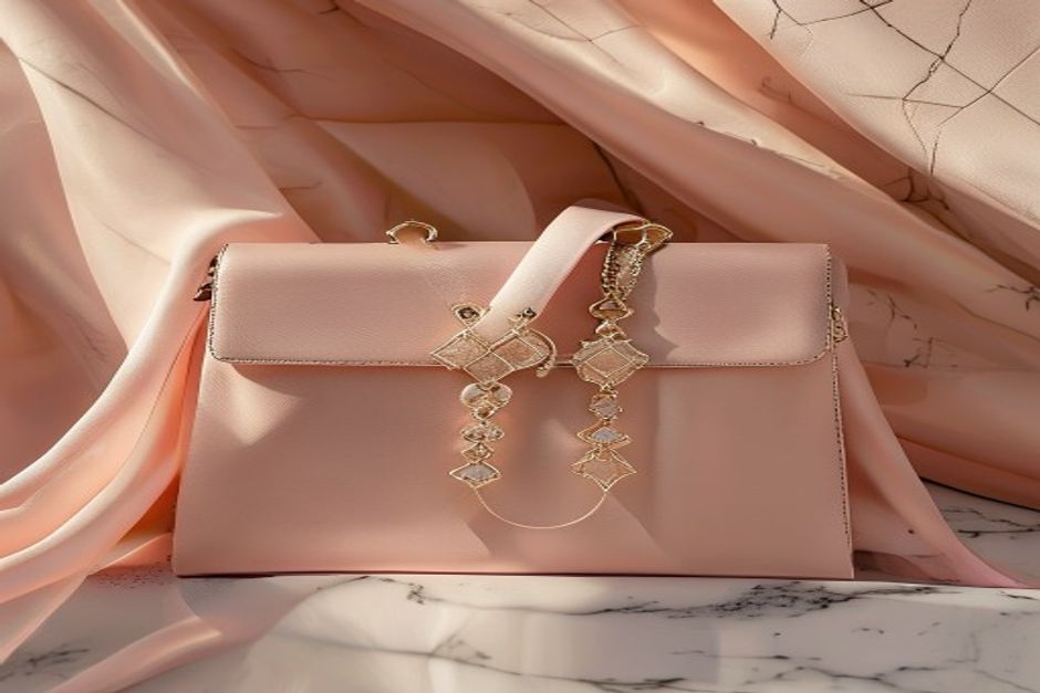 Colecao de acessorios femininos elegantes bolsa de couro estruturada brincos geometricos dourados e lenco de seda estampado sobre marmore rosa