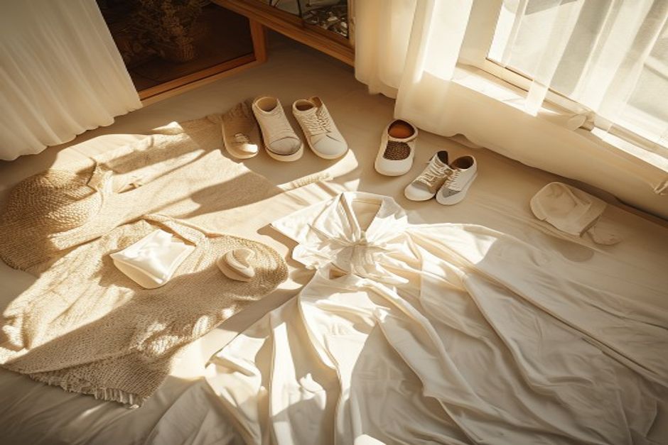 Estilo flat lay de roupas femininas neutras organizadas em cama branca com sapatos e acessorios