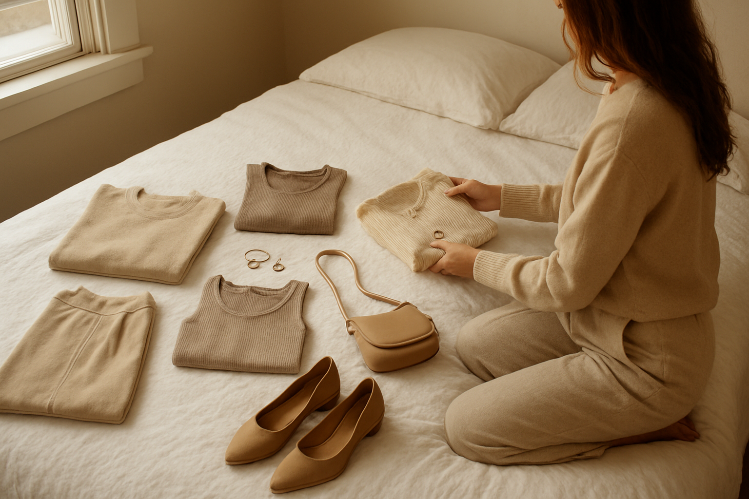 Estilo Flat lay de roupas femininas neutras organizadas em cama branca com sapatos e acessórios
