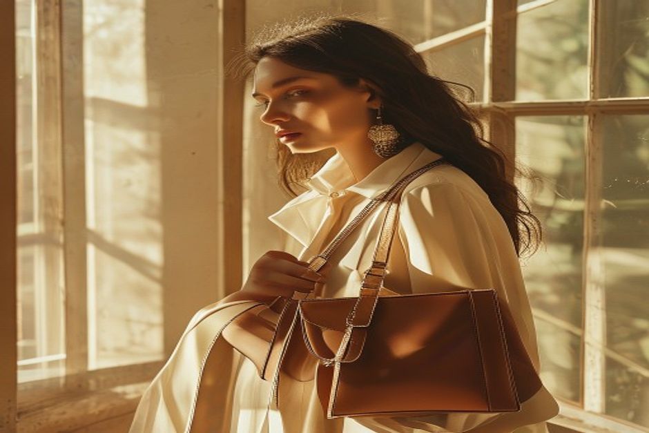 Estilo colecao de acessorios femininos elegantes bolsa de couro estruturada brincos geometricos dourados e lenco de seda e