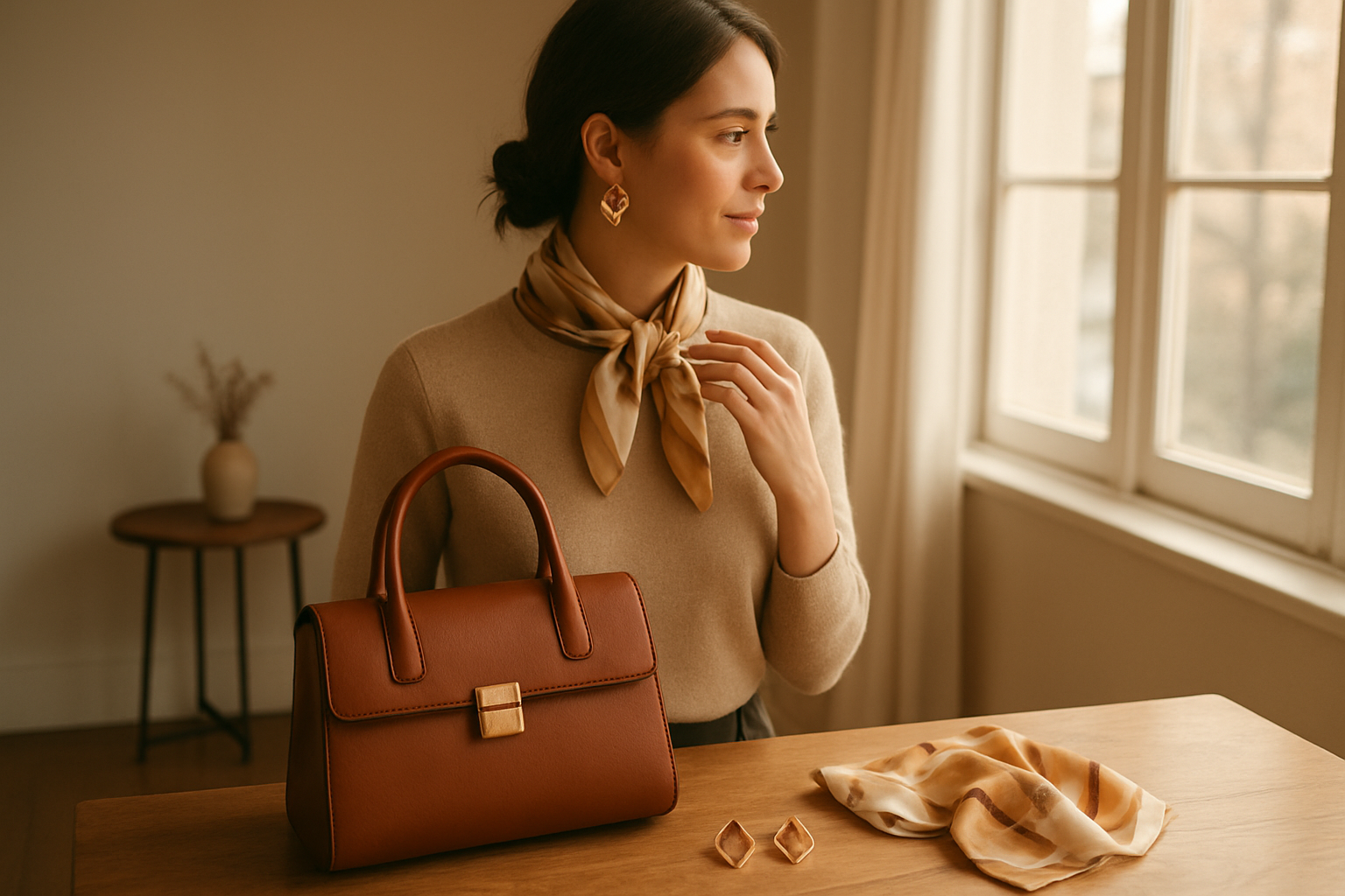 Estilo Coleção de acessórios femininos elegantes: bolsa de couro estruturada, brincos geométricos dourados e lenço de seda e
