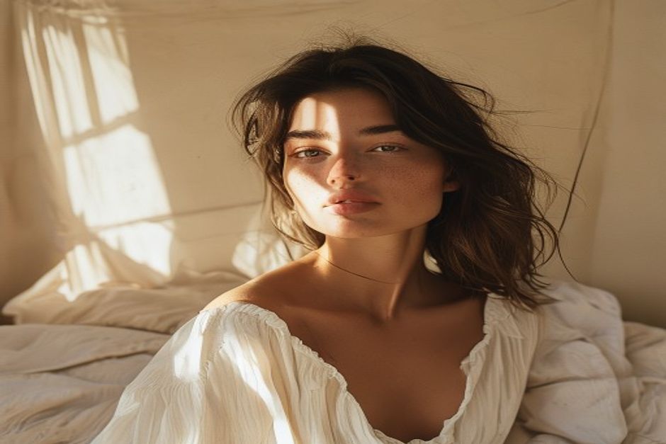 Estilo mulher em frente ao espelho experimentando roupas com pecas espalhadas pela cama ao fundo luz natural
