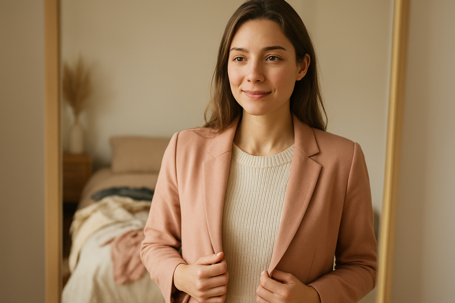 Estilo Mulher em frente ao espelho experimentando roupas com peças espalhadas pela cama ao fundo, luz natural