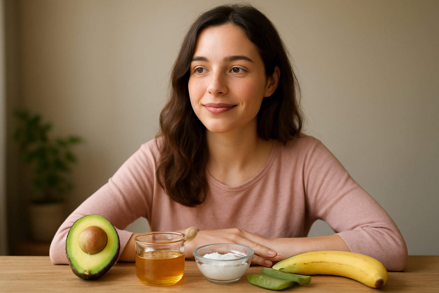 Cabelos Ingredientes naturais para hidratação capilar: abacate, óleo de coco, mel, aloe vera e banana dispostos sobre mesa de