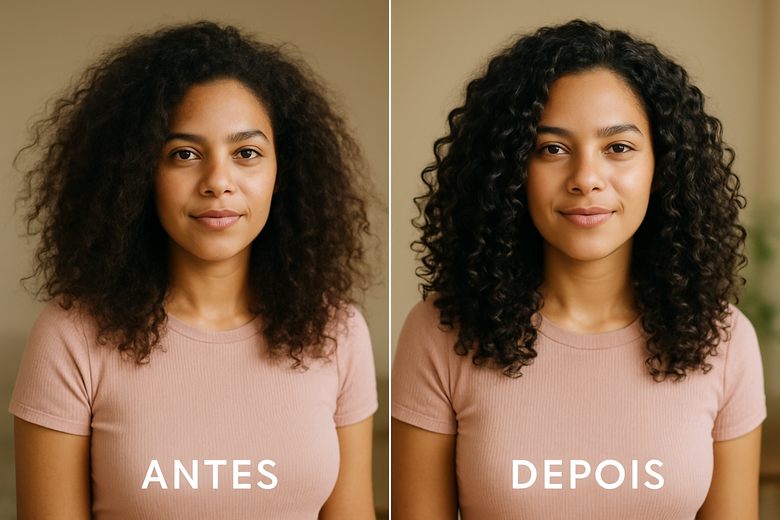 Cabelos Mulher com cabelo cacheado e volumoso antes e depois da hidratação mostrando a diferença entre fios opacos e fios hid