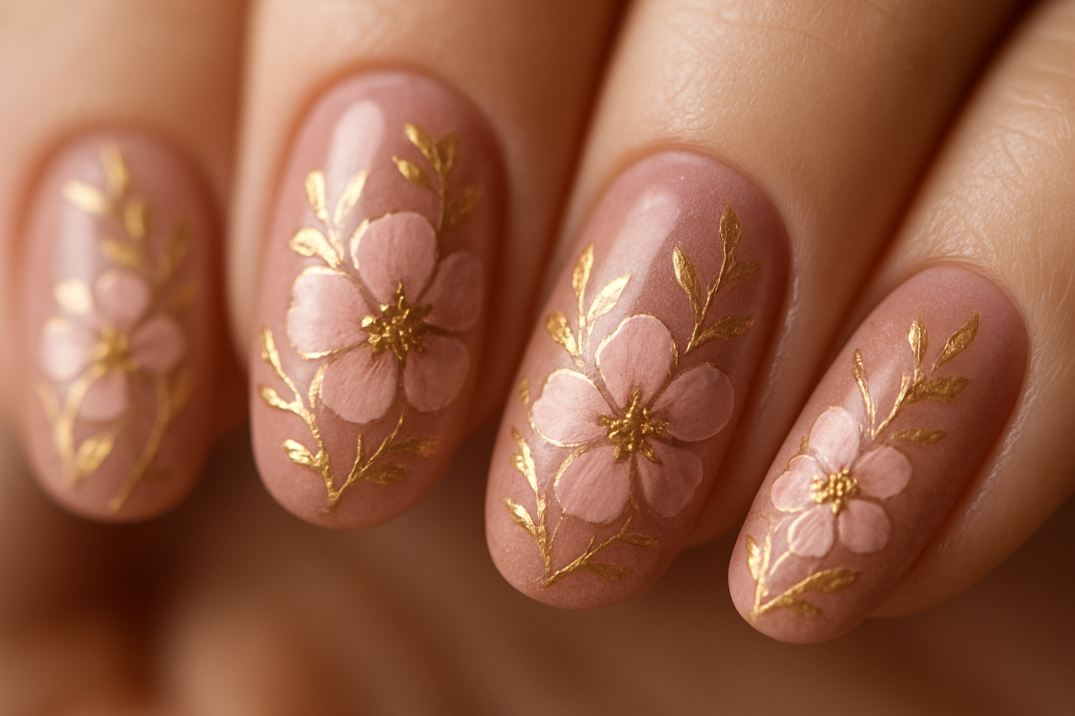 Unhas Mãos com nail art floral delicada em tons de rosa e dourado