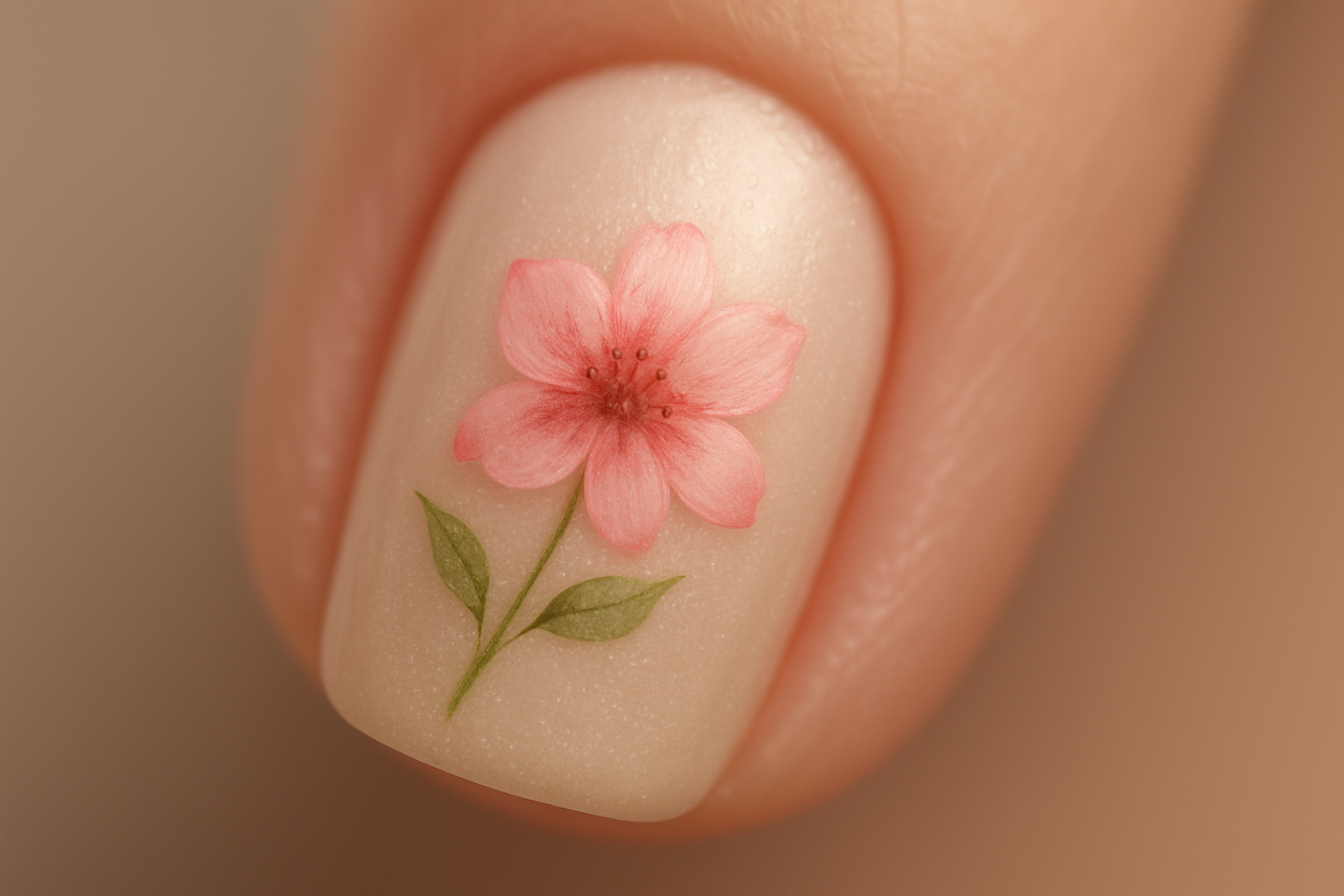 Unhas Unha com design floral delicado em tons rosa e verde sobre fundo nude