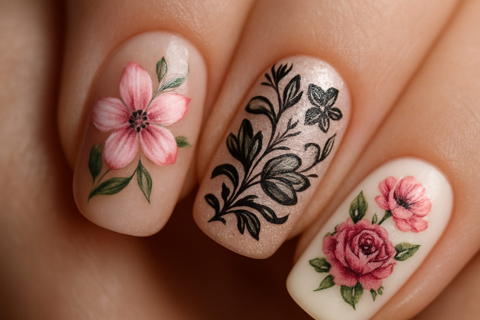 Unhas Diferentes técnicas de nail art floral: freehand, stamping e adesivos