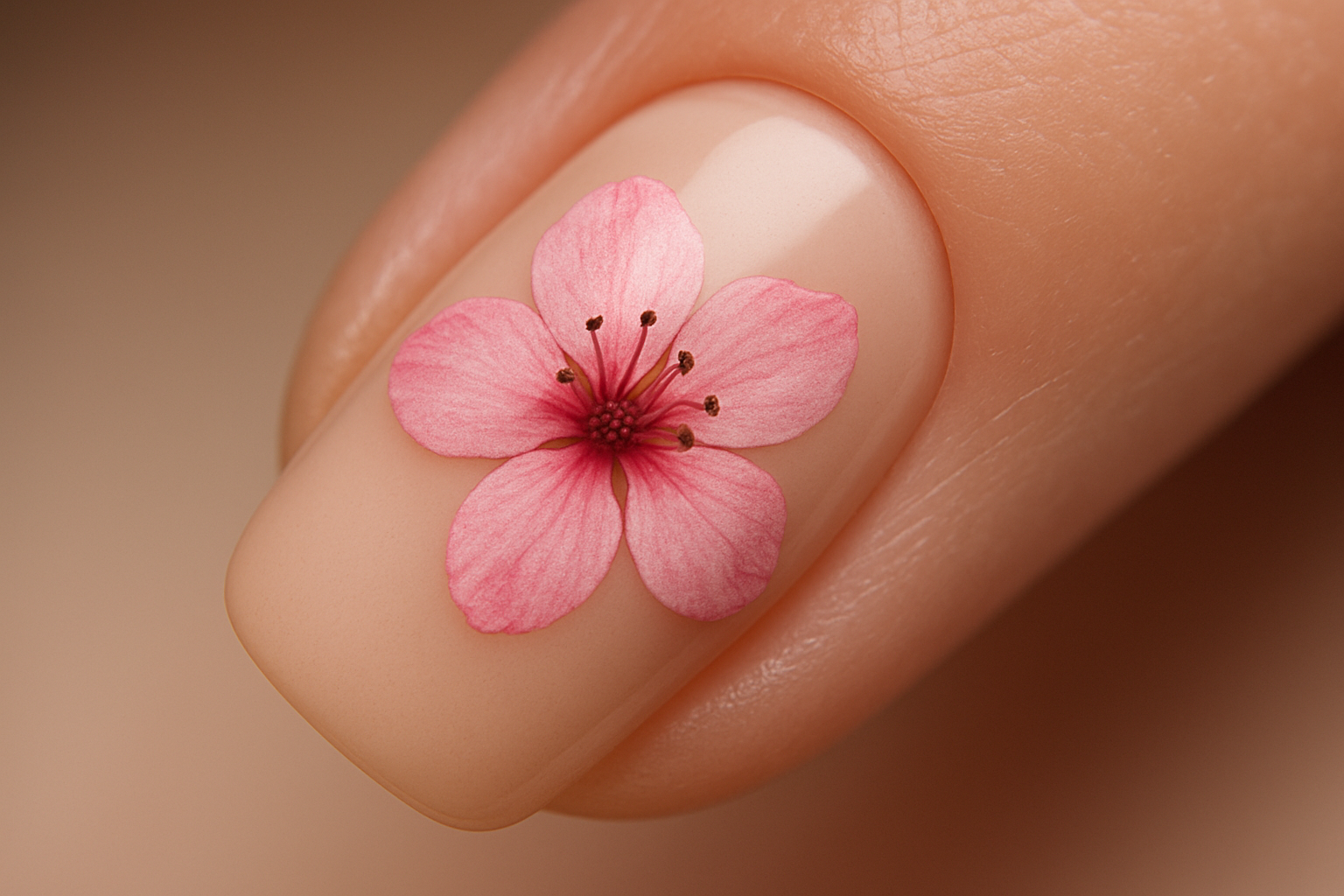 Unhas Unha com flor de cerejeira rosa sobre base nude para primavera