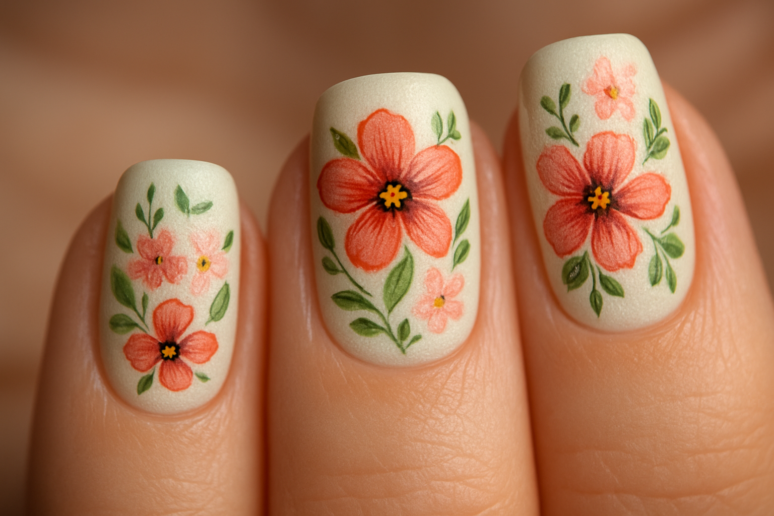 Unhas Comparativo de nail art floral em unhas curtas, médias e longas
