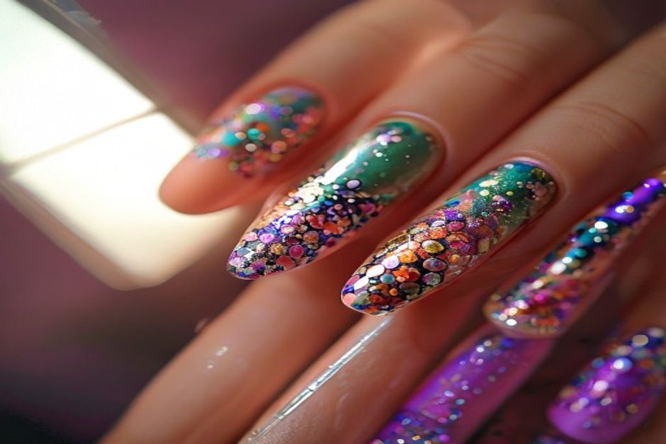 Unhas unhas decoradas com tema de concerto sendo preparadas com pinceis e esmaltes coloridos