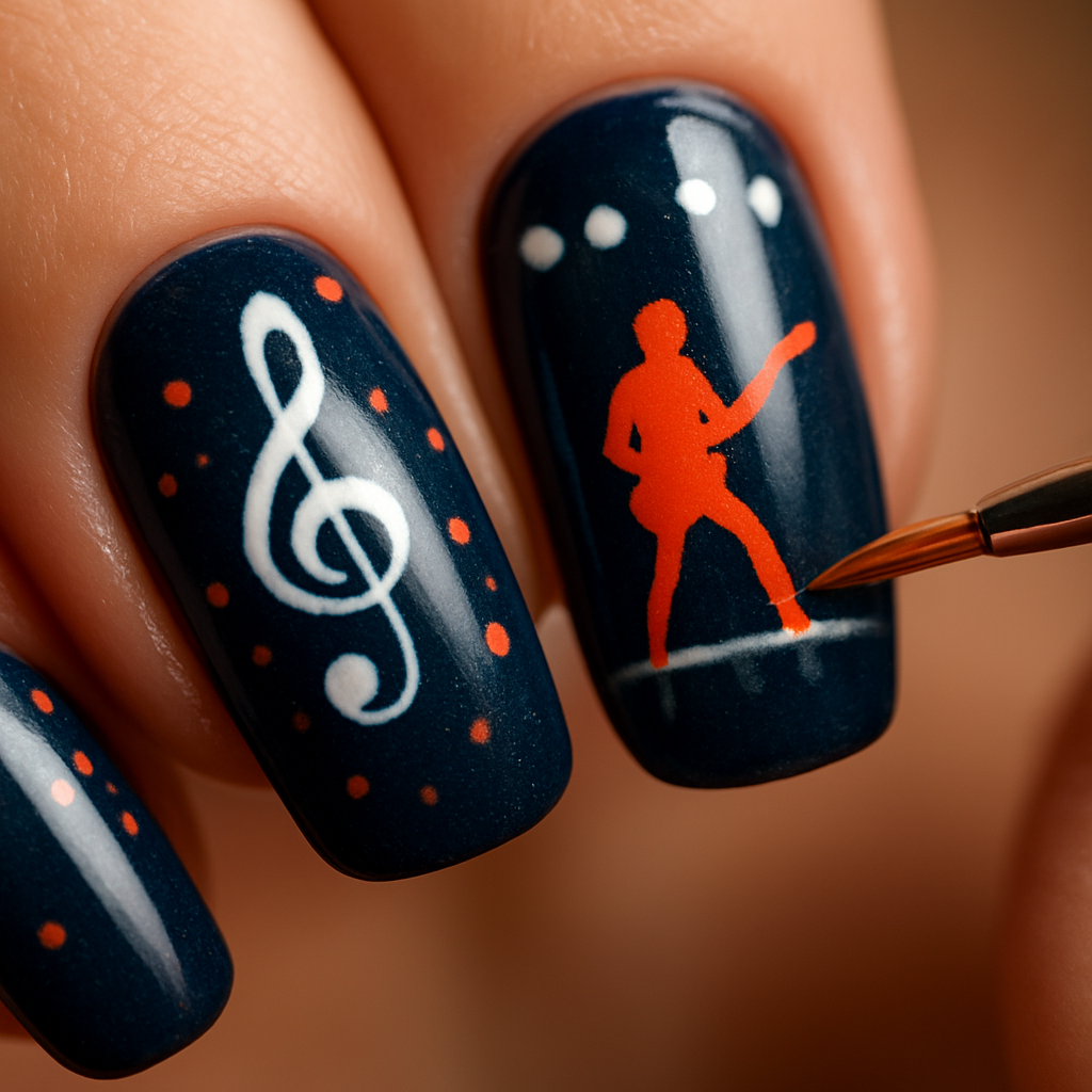Unhas Unhas decoradas com tema de concerto sendo preparadas com pincéis e esmaltes coloridos