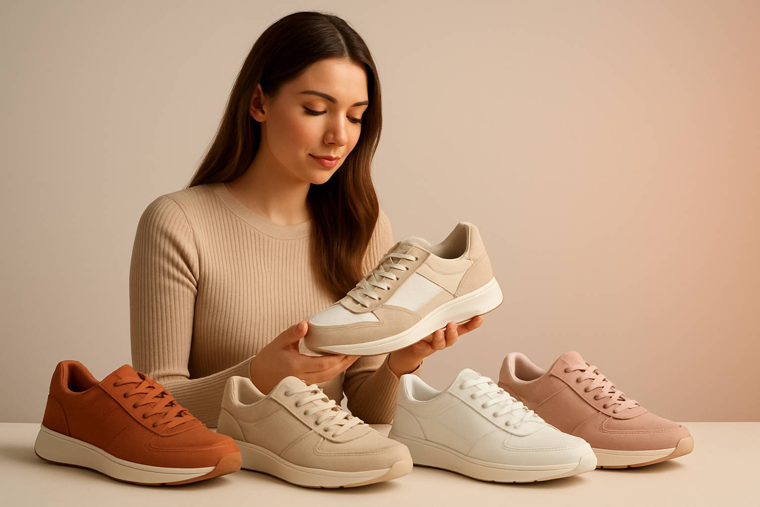 Sapatos Mulher experimentando diferentes modelos de tênis em loja, variedade de cores e estilos
