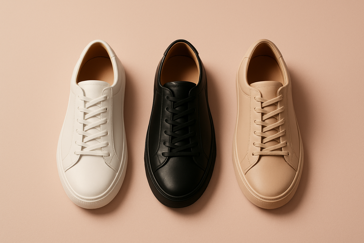 Sapatos Três tênis lado a lado: branco, preto e nude, em estilo flat-lay sobre superfície rosa suave