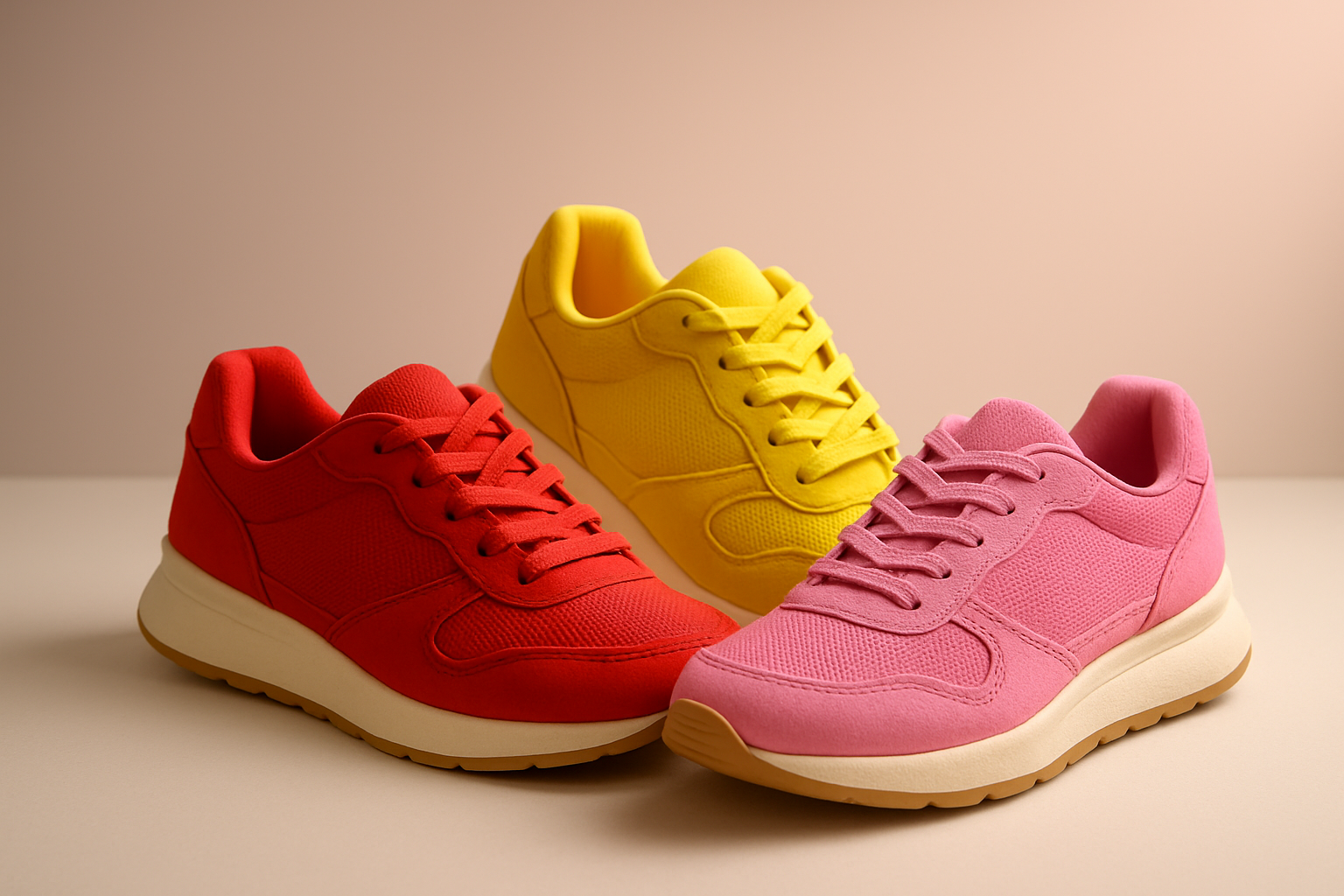 Sapatos Tênis coloridos vibrantes em vermelho, amarelo e pink organizados em composição alegre e estilosa