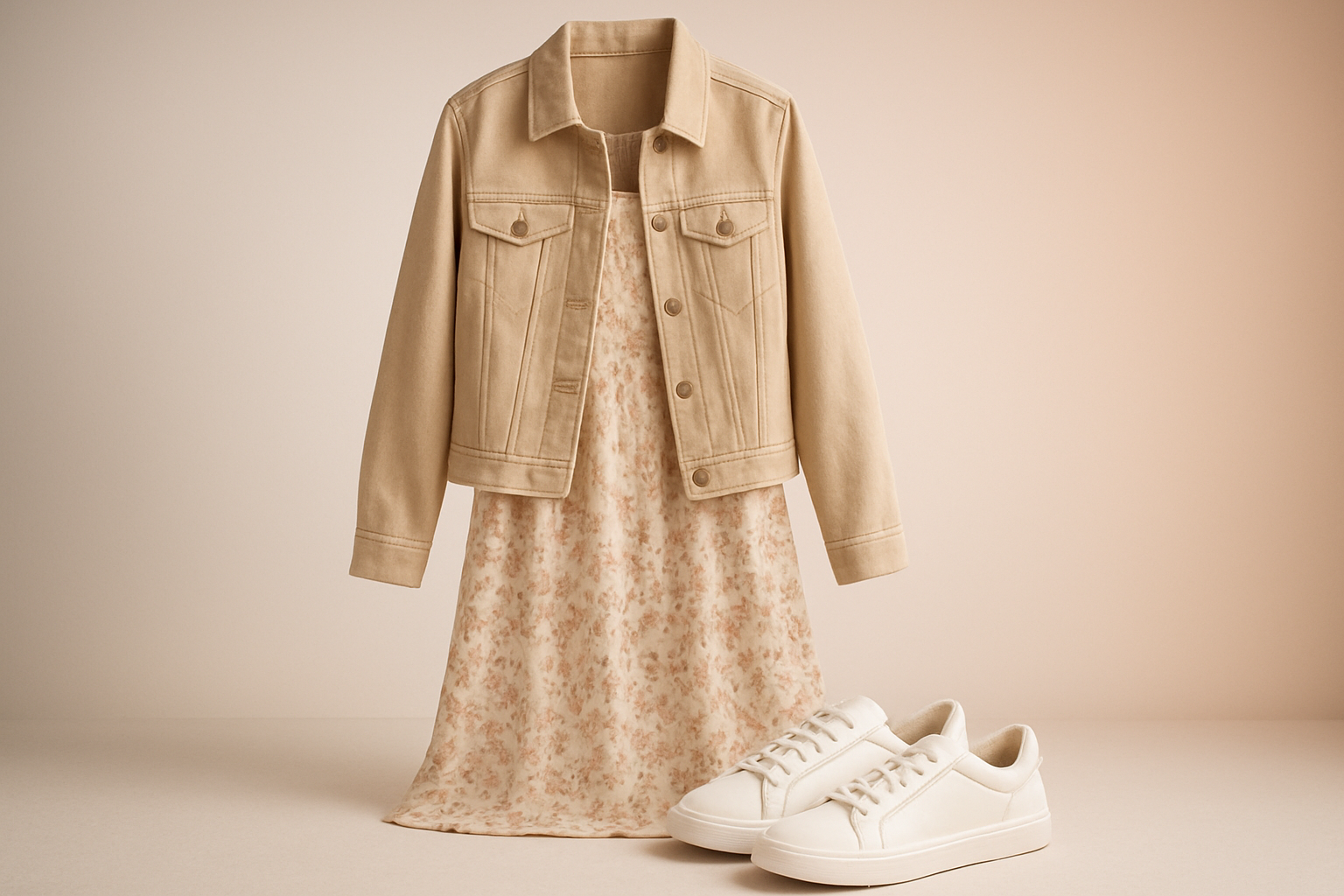 Sapatos Look completo com tênis branco combinando com vestido floral e jaqueta, estilo casual sofisticado feminino