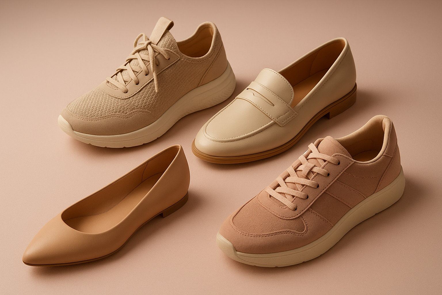 Sapatos Tênis femininos elegantes: variedade de modelos casuais e esportivos em estilo flat-lay sobre fundo rosa claro