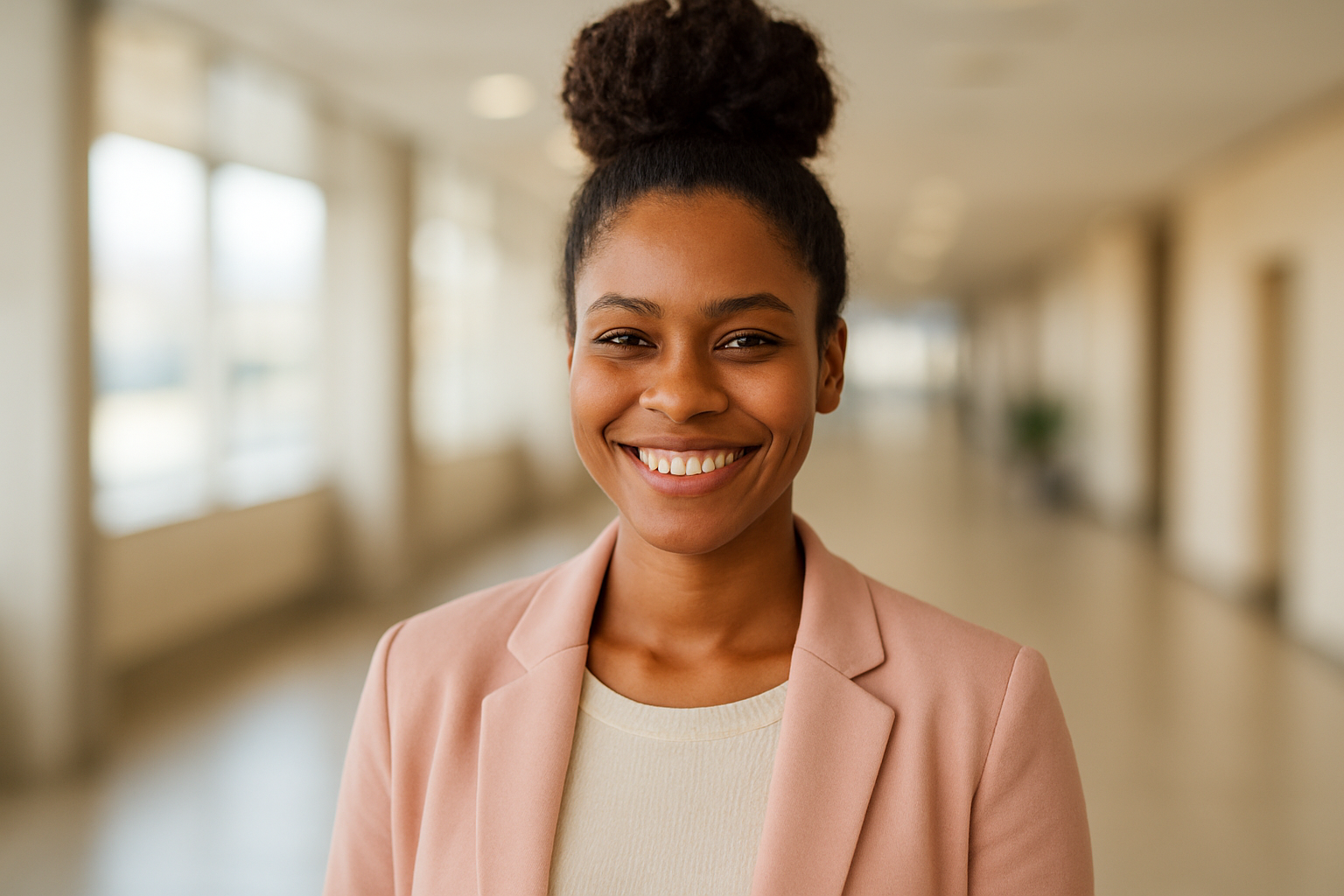 Mulher negra com coque abacaxi no topo da cabeça, sorrindo em corredor de aeroporto, luz natural