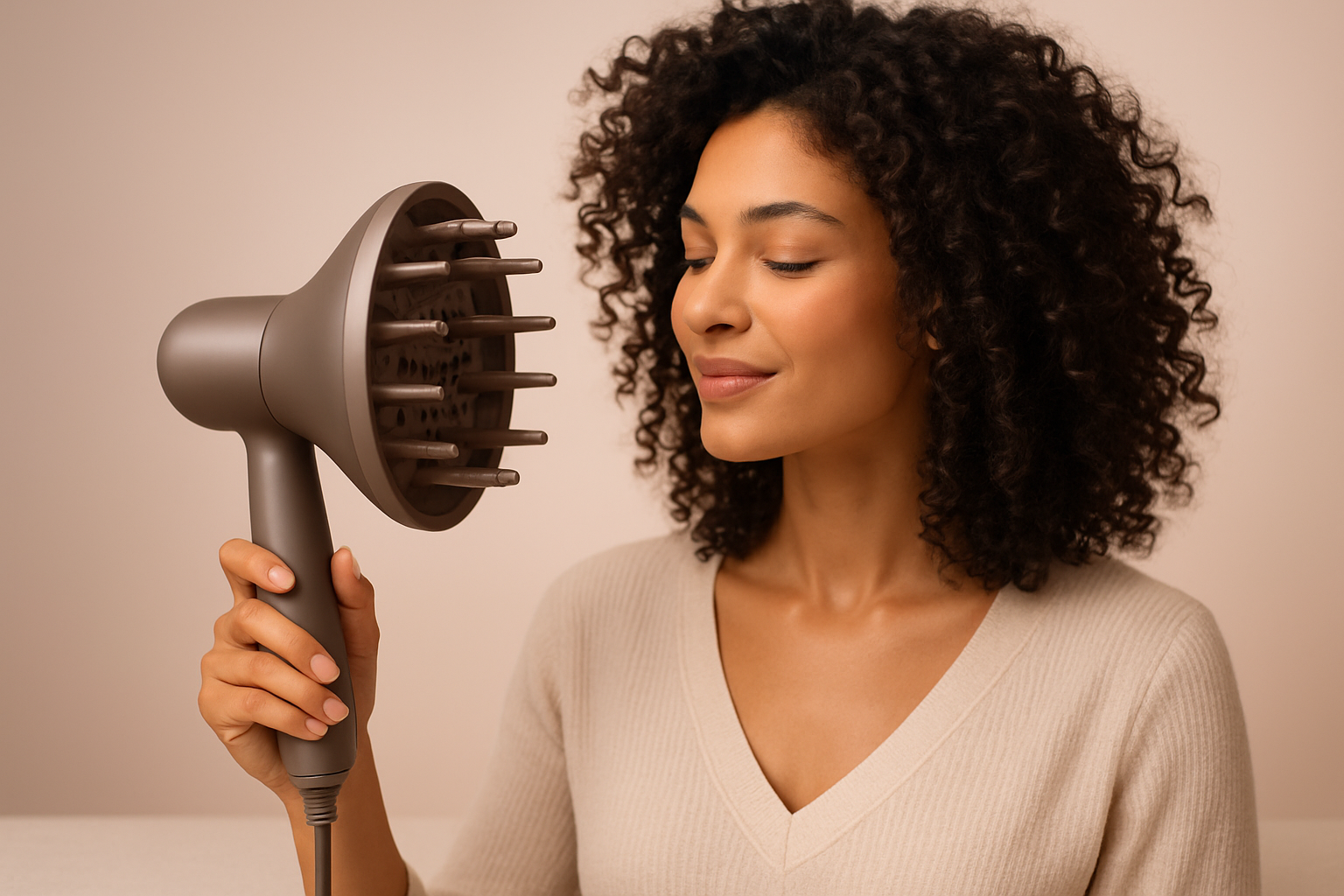 Cuidados com o cabelo Mulher usando difusor em cabelos cacheados para secagem com volume e definição