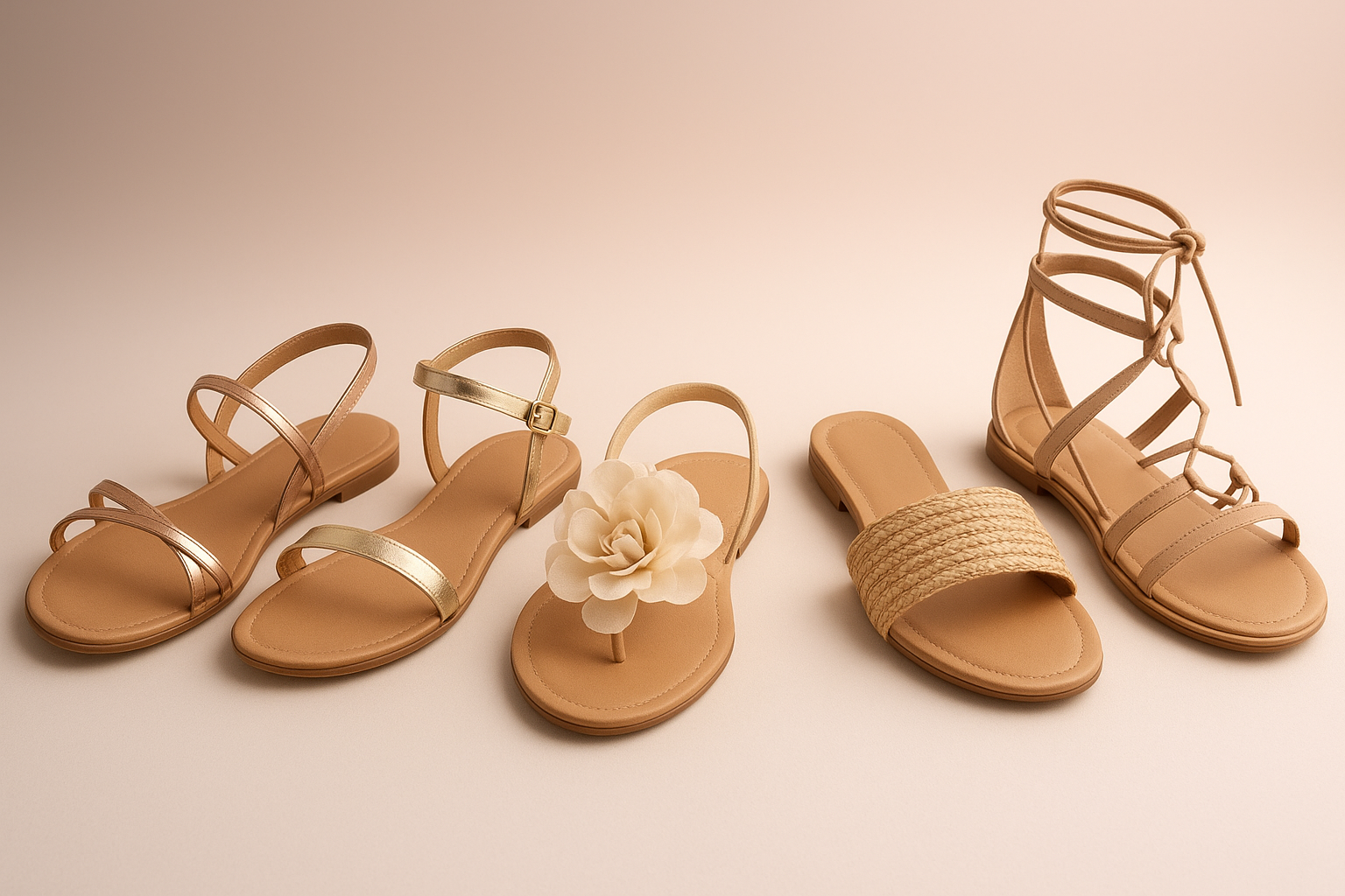 Sapatos Modelos variados de sandálias rasteirinhas lado a lado: tiras finas, metálicas, flor aplicada, palha natural e gladia